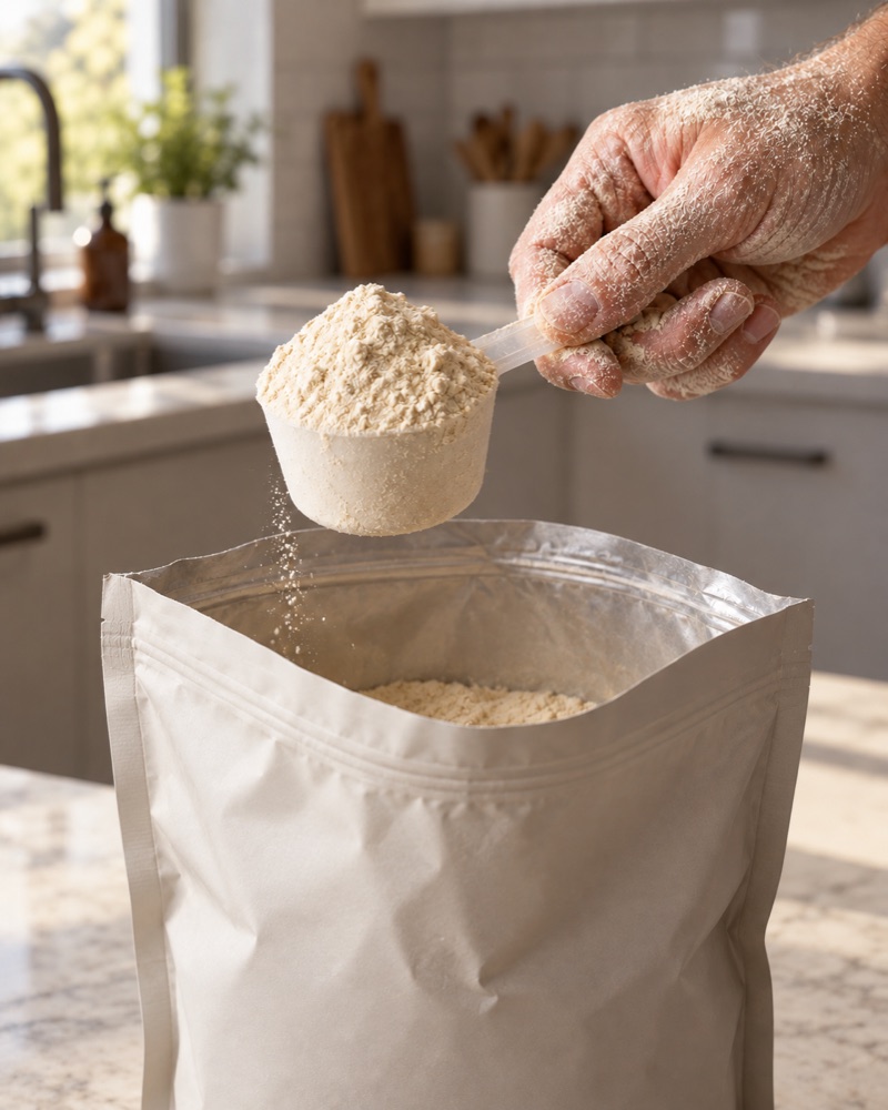 Hand voller Proteinpulver über einer offenen Pulvertüte
