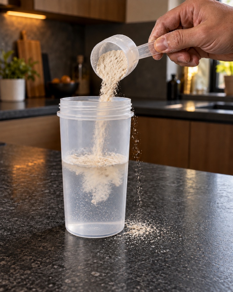 Proteinpulver rieselt beim Einfüllen neben den Shaker auf die Arbeitsplatte